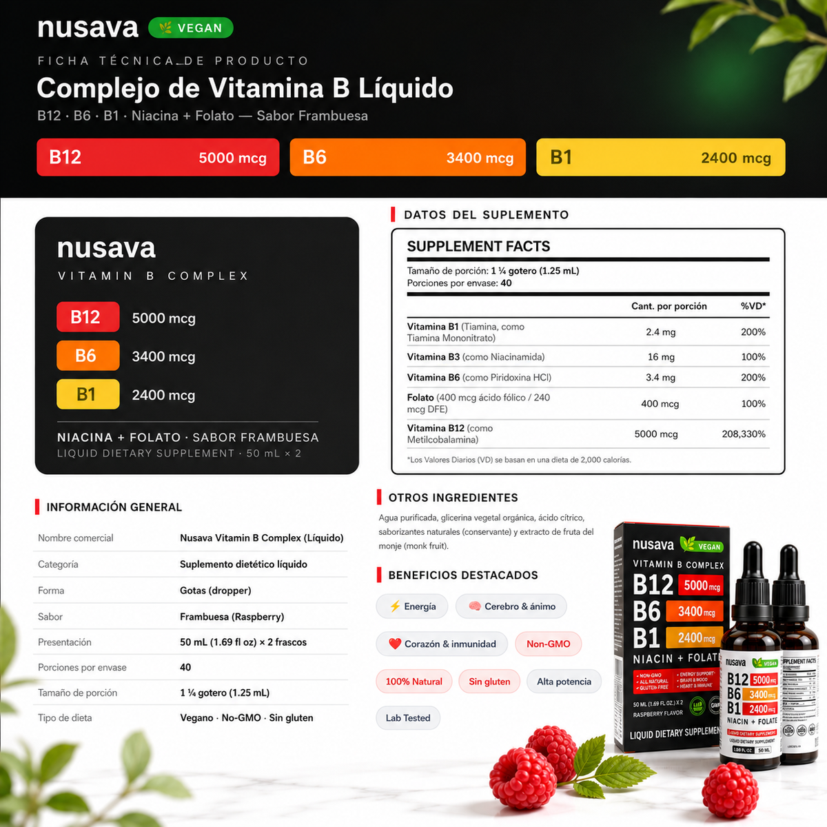 2 VITAMINA B12 EN GOTAS - ALTA POTENCIA 5000mcg